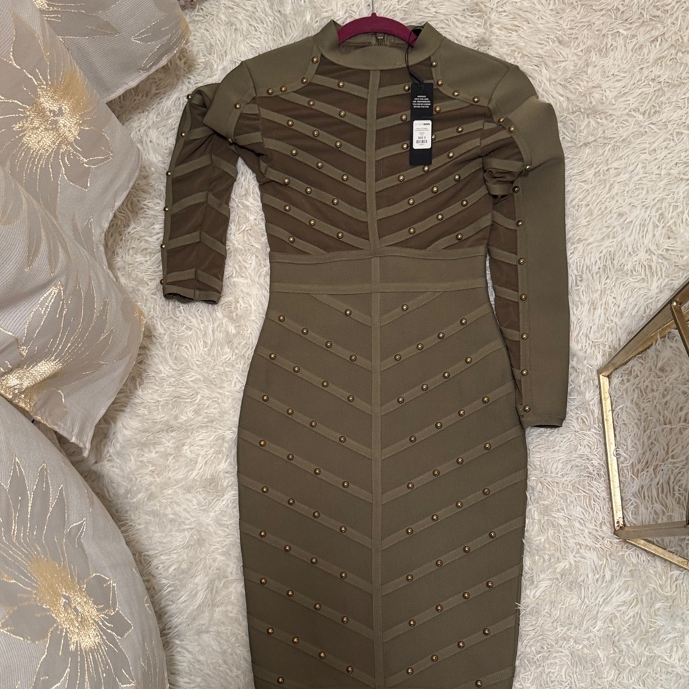 Fashion Nova Khaki Studded Long Sleeve Dress
